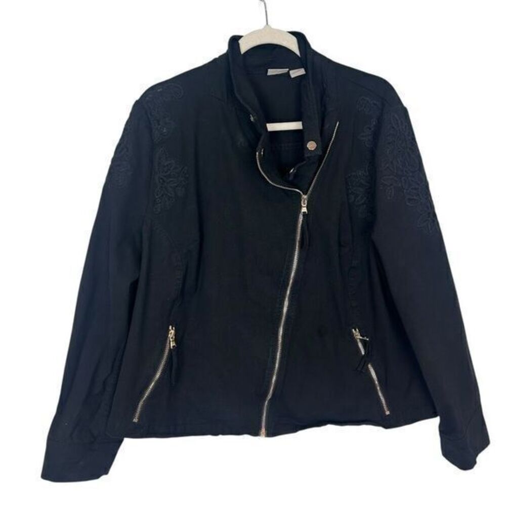 Chico's Black Jacket Womens XL 3 Collar Full Asymmetrical Zip Embroidered Biker